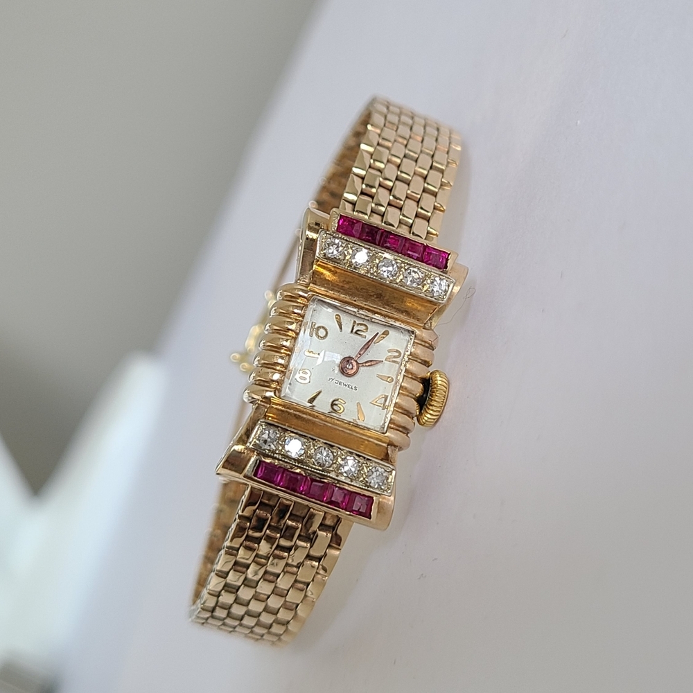 Antique 14K Yellow Gold Custom 17 Jewel Luxury Diamond Ruby Wind Up Manual Watch - Picture 3 of 16